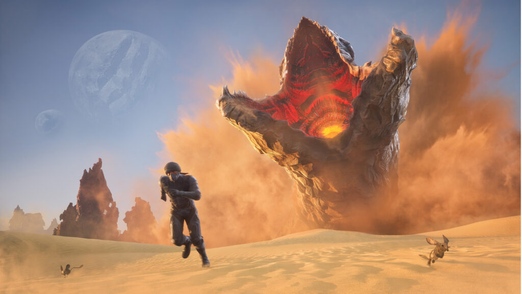 فرار شخصیت اصلی از Sandworm در صحرای Dune: Awakening روی PS5